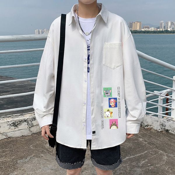 

2021 new privathinker fashion men's long sleeve casual shirt woman japanese streetwear 2021 man oversize shirts clothing printed 2z6z, White;black