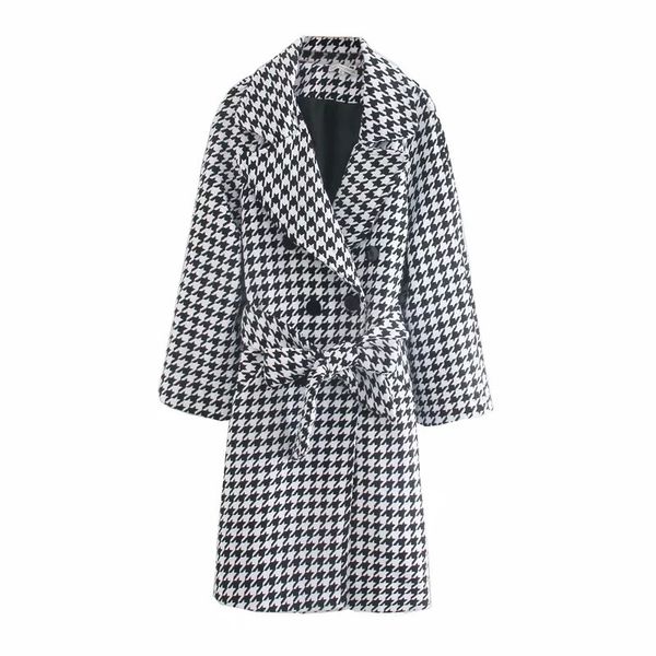 

merodi fashion lady houndstooth woolen loose coats with belt winter women stylish long sleeve double breasted thick outwear chicx1020, Black