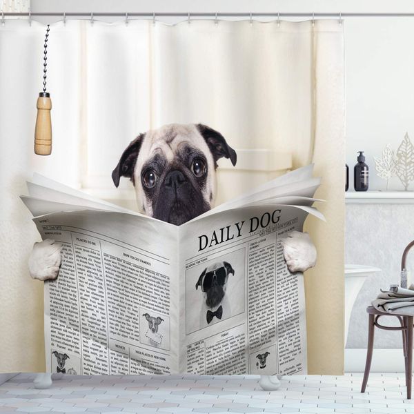 

pug shower curtain puppy reading the newspaper on the toilet bathroom funny image pug joke print bathroom decor set