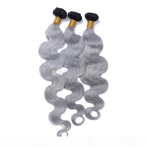 

9a ombre silver grey human hair extensions two tone 1b grey dark root ombre hair 3 bundles peruvian body wave hair weave weft, Black