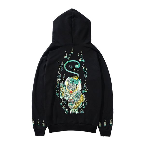 

jantour brand men hoodie japanese style embroidery chinese unicorn hooded 100% cotton harajuku sweatshirt hoodies mens 3xl 4xl c0127, Black