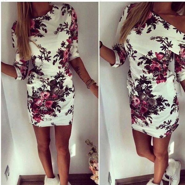 

new casual women summer dresses o neck red florapl printed skinny short dress package hips summer women dress vestidos, Black;gray