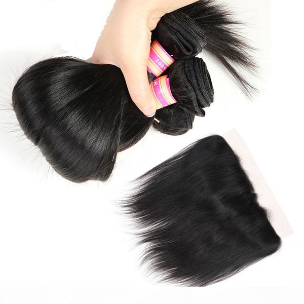 

siyusi hair virgin brazilian straight bundles with lace frontal 13x4 ear to ear lace frontals with bundles remy human hair weaves, Black;brown