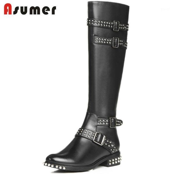 

boots asumer 2021 fashion rivet buckle genuine leather+pu zip thick heel knee high for women round toe winter1, Black