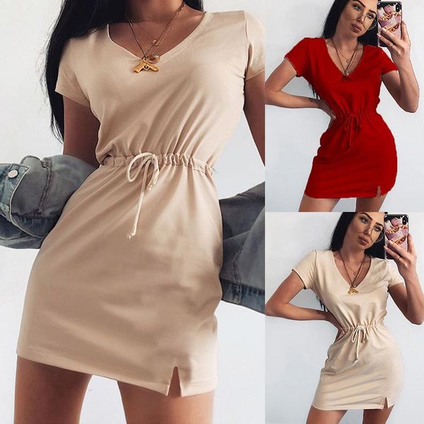 

casual dresses 2021 spring and summer women's drawstring belt short sleeve split v-neck solid color dress, Black;gray