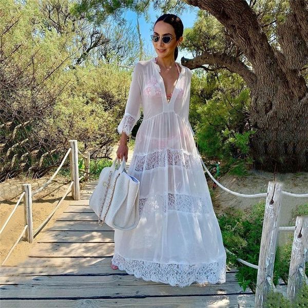 

swimwear cover-ups v-neck summer beach dress white lace cotton tunic women plus size beachwear swim suit cover up q988 t200324, White;black