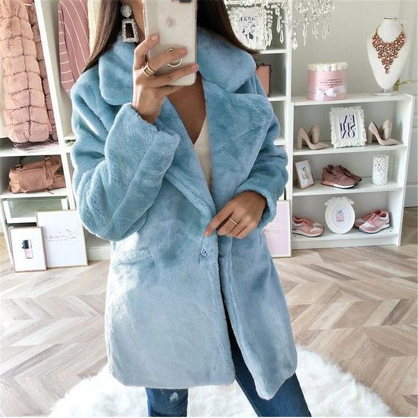 

2021 winter woolen coat women's mid-length solid color loose plush thick coat faux fur casual commuter jacket1, Black