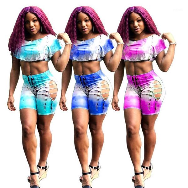 

tie dye print 2 piece outfit summer clothes for women ruffle short sleeve crop and side cut out biker short tracksuits1, Gray