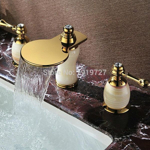 

rushed contemporary luxurious golden style widespread dual lever deck mount 3 holes bath bathroom vessel sink faucets
