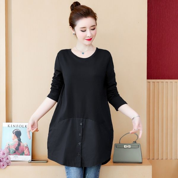 

j77yq 2020 spring new large size women's middle coat t-shirt version women's long long sleeve t-shirt cotton korean for of the and, White