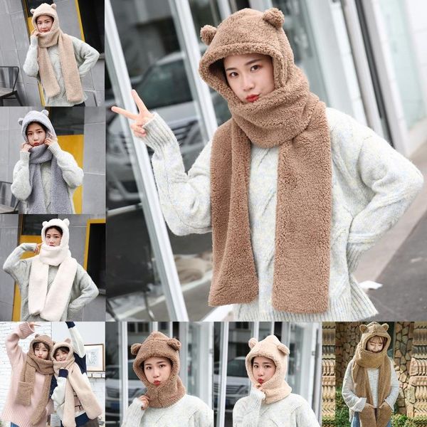 

beanie/skull caps women winter one-piece hat scarf 2021 cute bear ears hooded earflap cap thicken plush solid color neck warmer party po pro, Blue;gray