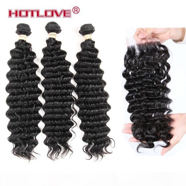 

ove hair deep wave human hair with closure 3 bundles remy human hair 8-28 inch with 4*4 part lace closure, Black