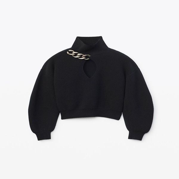 

fashion women's tees simple 20aw knits black hollow out hoodie with chain high street elements stylist long sleeve female s-l, White
