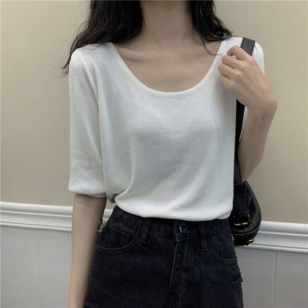

jk3je korean style summer t-shirt sweater new round neck bubble sleeve half women sweater t-shirt sleeve for h6ciz, White;black