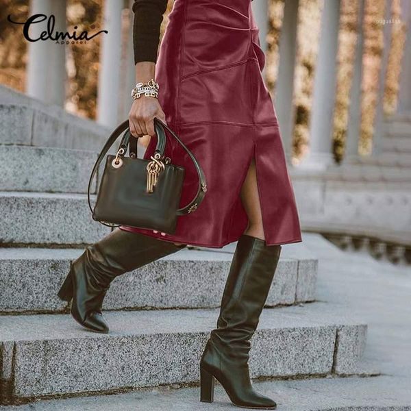 

2020 skirt women pu leather skirts celmia high waist pleated solid skirt split casual office pencil plus size1, Black
