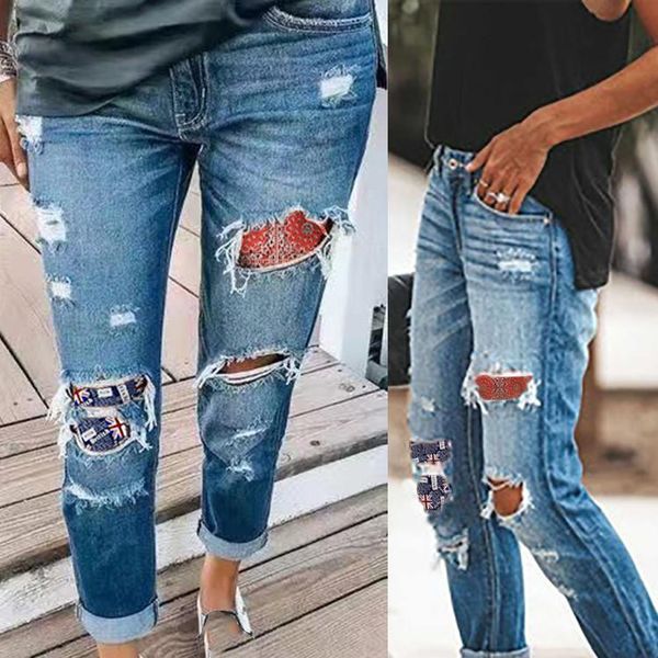 

women's jeans 2021 high waist women denim hole button zipper pocket casual flares wide leg slim pants buttons #m, Blue
