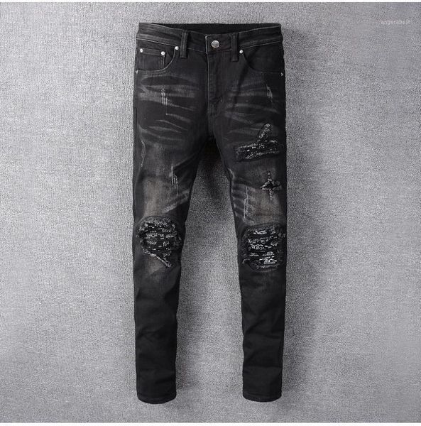 

isurvivor 2020 men's black turban paisley print patchwork motorcycle jeans slim skinny pleated stretch denim ripped pants1