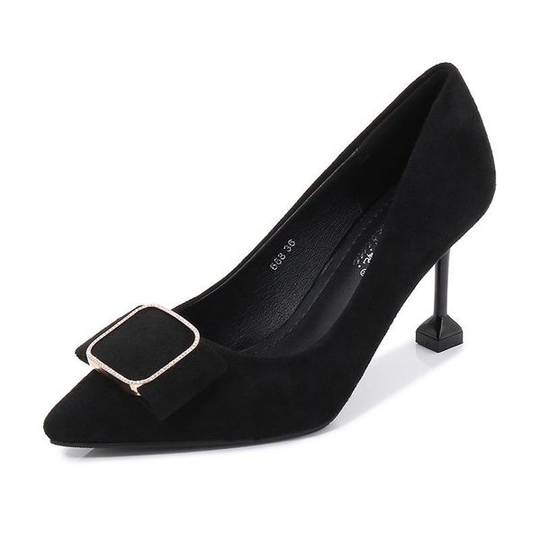 

dress shoes woman pumps flock slip on thin high heels pointed toe metal decoration shallow for women 2021 size 35-42, Black