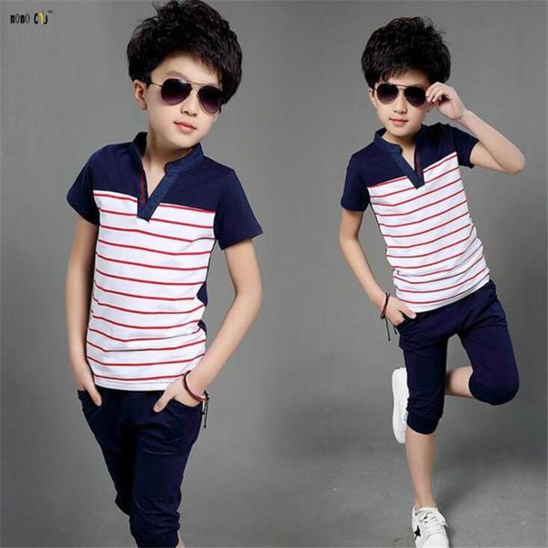 

boy set summer children clothing sets 2 pcs t shirt & pants casual striped teenager outfit kids clothes 5 6 7 8 9 10 11 12 years, White