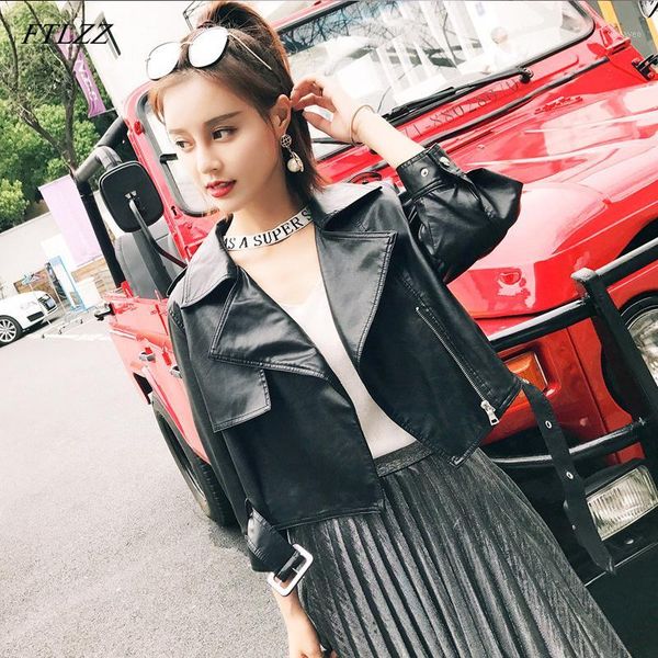 

ftlzz new women faux leather short jacket casual soft pu biker coat three quarter sleeve punk slim outwear motor leather jackets1, Black