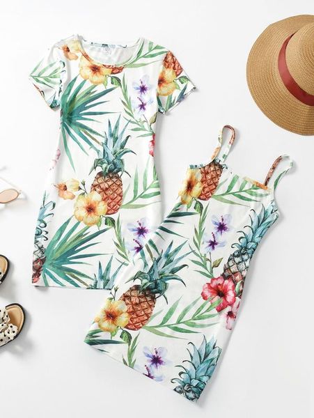 

girls 2pcs floral & pineapple print dress she, Red;yellow