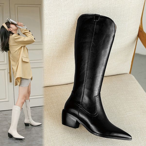 

2021 new keep warm square high heel long boots women knee high boots pointed toe autumn winter women shoes size 34-43, Black