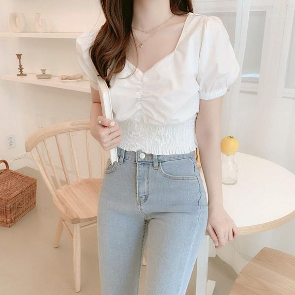 

summer chiffon blouse women french style elegant retro crop casual puff sleeve short slim fit korean blouse women 2020 new1, White