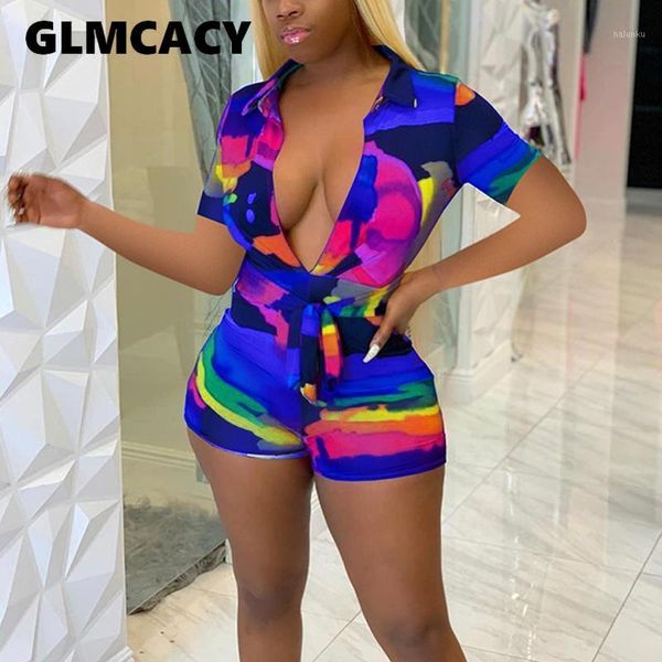 

women's jumpsuits & rompers women color block tie die printed turn down collar short sleeve bodycon romper slim fit club plus size play, Black;white
