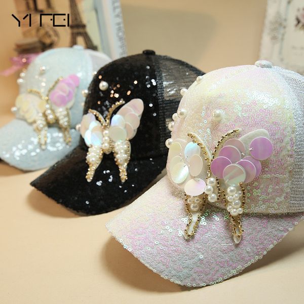 Lüks Kadın Beyzbol Şapkası Marka Bling Kelebek Inci Sequins Hip Hop Kap Vintage Yapış Geri Tasarım Rahat Snapback Şapka Yeni LJ201105