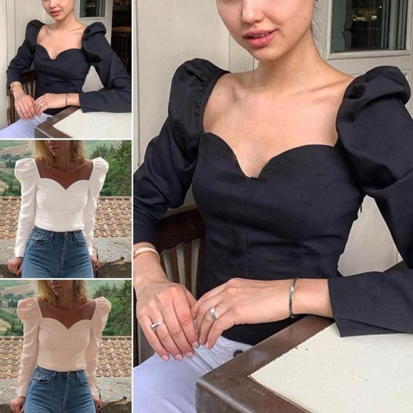 

2021 blouse women autumn retro solid color long puff sleeve square collar shirt blouse bluzki damskie, White
