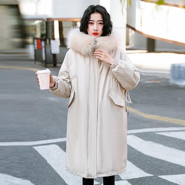 

big fur collar slim parka women 2021 new thick winter down cotton coat large size loose padded jacket hooded warm outerwear d118, Black