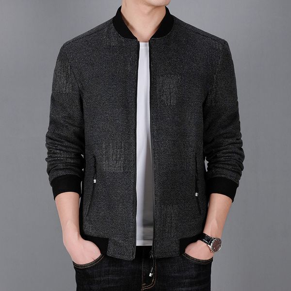 

2020 winter trend men's zipper placket stripe printing decorative long sleeve thickened stand collar jacket, Black;brown