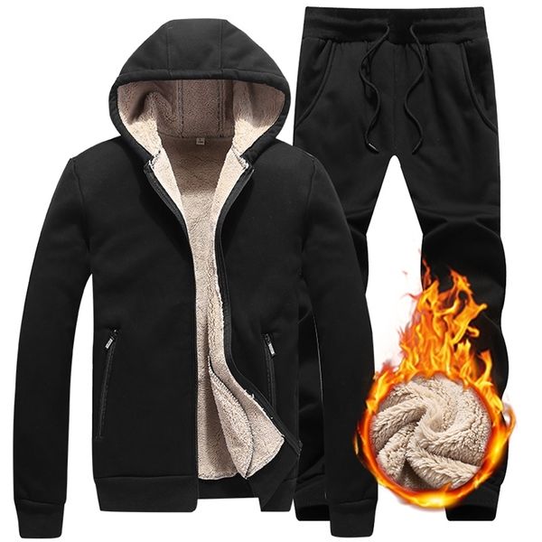 

mens suit winter thick men casual tracksuit sportswear zipper mens hooded sets warm plus velvet sports suit solid color 201207, Gray