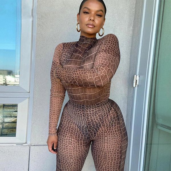 

snake print women mesh two piece bodysuit and leggings set sheer see through long sleeve bodycon autumn winter club, Gray