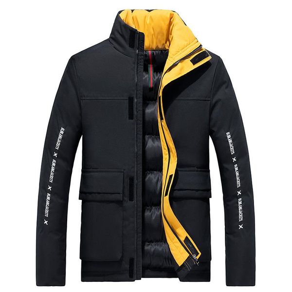 

men's stand collar warm jacket solid color zipper pocket letter casual trend fashion male plus size outerwear 4xl 5xl 6xl, Black