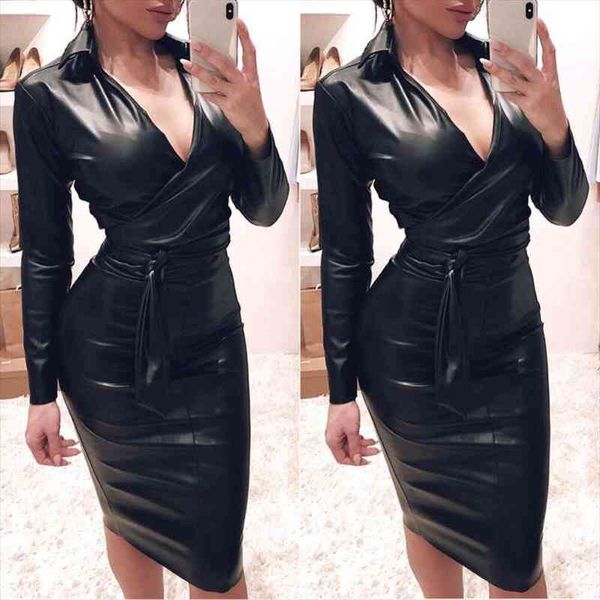 

women v-neck solid black dress mini dress pu leather long sleeve bodycon shirt dresses for spring autumn, Black;gray