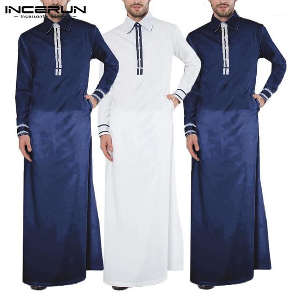 

2020 spring men long sleeve elegant patchwork robes muslim kaftan men thobe lapel long shirts fashion arabia abaya robes incerun1, White;black