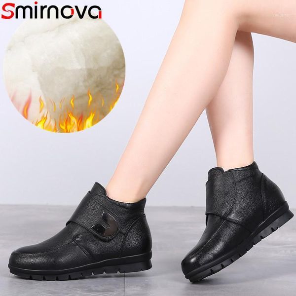 

smirnova size 35-41 fashion winter genuine leather boots women round toe ladies ankle boots flat with keep warm wool snow1, Black