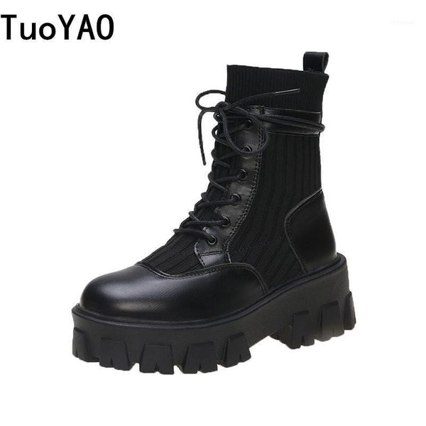

boots ankle women's spring autumn short platform breathable chunky sneakers round toe lace thick bottom single 1, Black