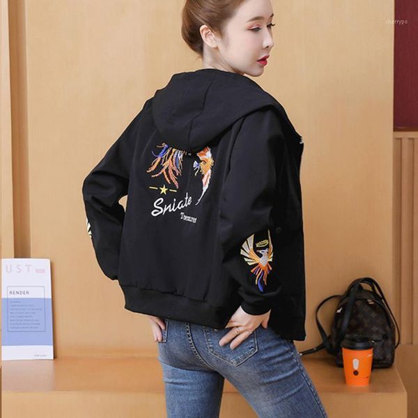 

2020 fashion autumn women bomber hooded jacket embroidery coats long sleeve female casual short basic jackets outerwear clothes1, Black;brown