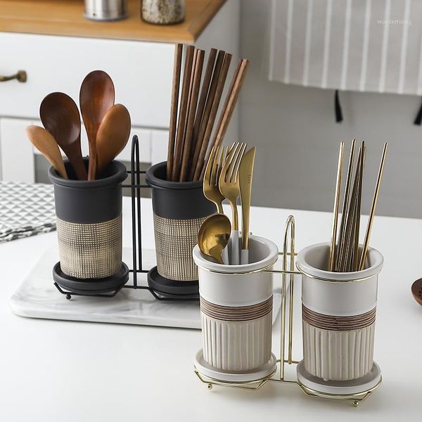 

2pcs japanese retro ceramic relief chopsticks tube rack drain knife fork spoon storage box household double tube chopsticks cage1