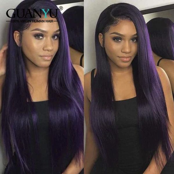 

lace wigs 1b purple human hair wig colored ombre front for women 13x4 preplucked with dark roots, Black;brown