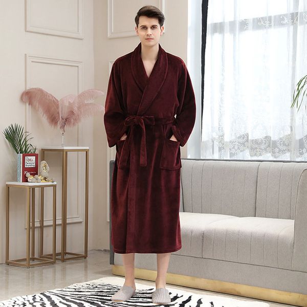 

2021 new women's autumn winter long flannel nightgown plus size thick solid dressing gown female v neck with sashes bathrobe bm7f, Black;red