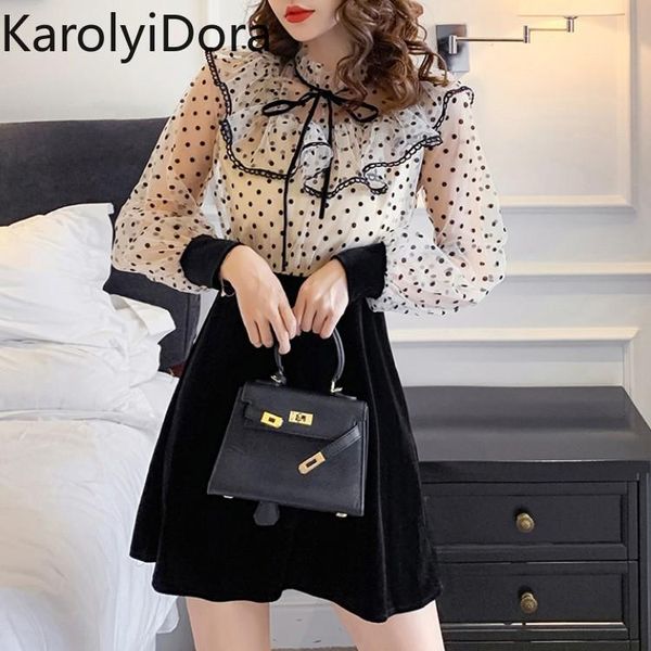 

women's dresses 2021 spring new fashion women splicing dot lace mesh ruffles fairy dress female elegant waist a-line dresses, Black;gray