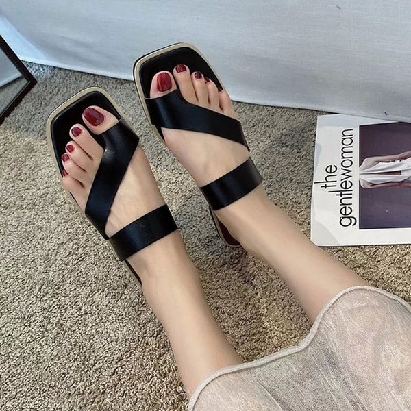 

women square toe slippers heels ladies sandals clip toe pu leather fashion female slides casual beach slippers new summer 2021 #m08d, Black