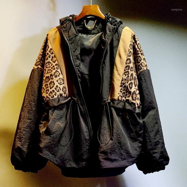 

ewq] long-sleeved hooded jacket patchwork leopard-print large size baseball uniform 2020 autumn new trend coat bomber qk635011, Black;brown