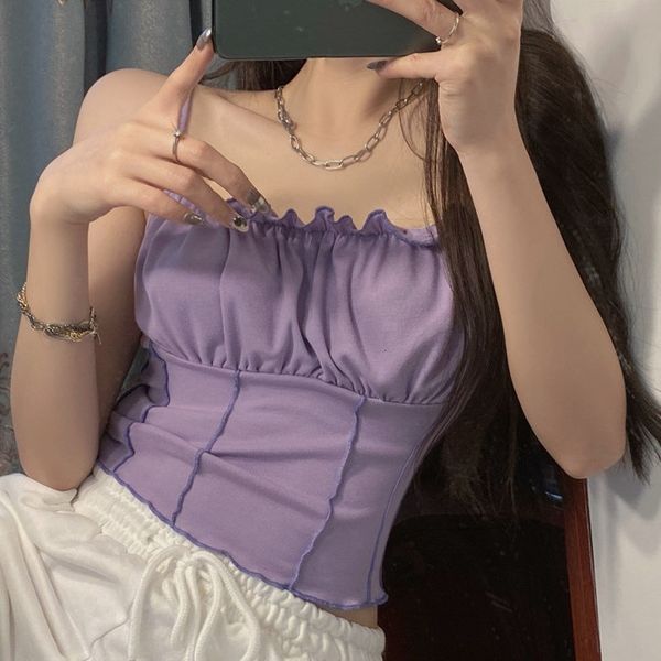 

summer wooden ear edge suspender bottoming shirt with navel exposed short vest slim fit and sleeveless for women's fashion