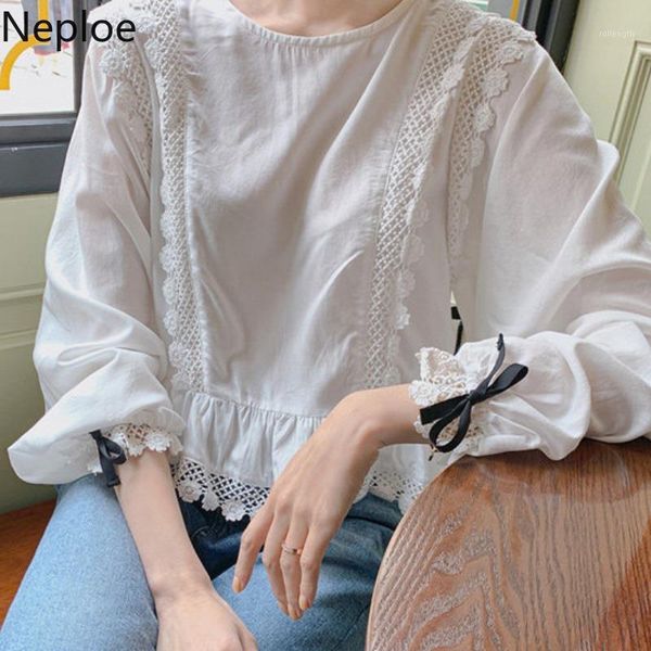 

neploe lace patchwork blouse women spring 2020 solid o neck lantern sleeve ladies blusa shirts fashion casual female 1a9191, White