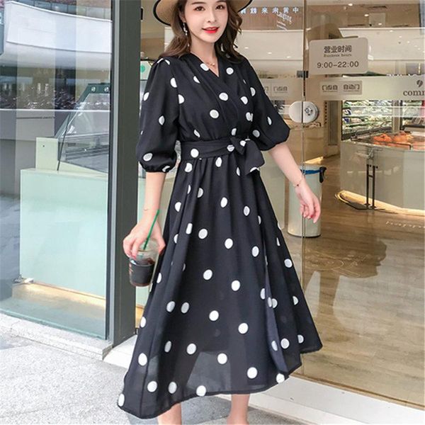 

fashion korea new boho black chiffon beach dress women 2020 summer wave point print v-neck three quarter sleeve dresses vestidos, Black;gray