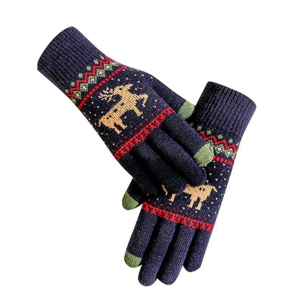 

gloves for women extra-warm fleece gloves christmas elk printed winter warm for size warmth & comfort guantes1, Blue;gray